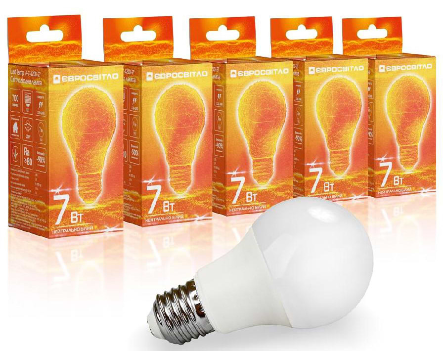 Лампочка світлодіодна Євросвітло 7Вт 4200К A-7-4200-27 Е27 5 шт. (000056701)