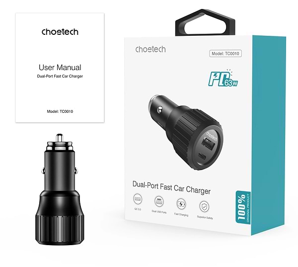 Фото - Автомобільний зарядний пристрій Choetech 1USB Type C 63W 1USB 18W PD3.0 QC3.0 Black (TC0010)