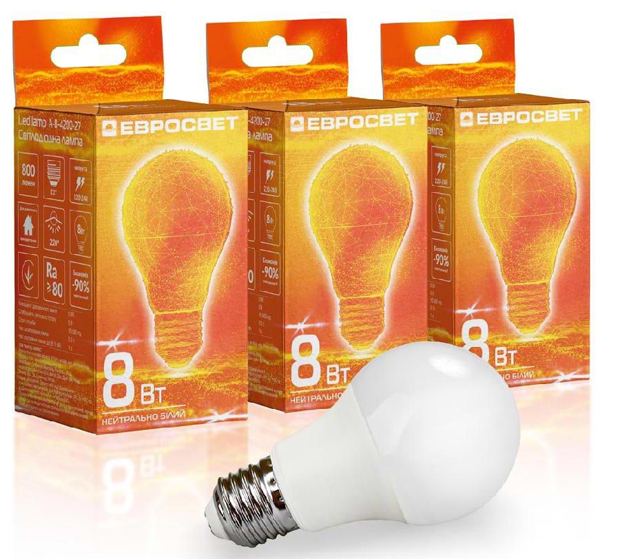 Лампочка світлодіодна Євросвітло 8Вт 4200К A-8-4200-27 Е27 3 шт. (000058956)