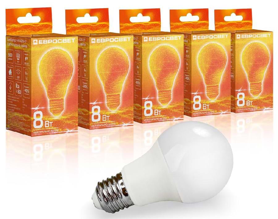 Лампочка світлодіодна Євросвітло 8Вт 4200К A-8-4200-27 Е27 5 шт. (000058709)