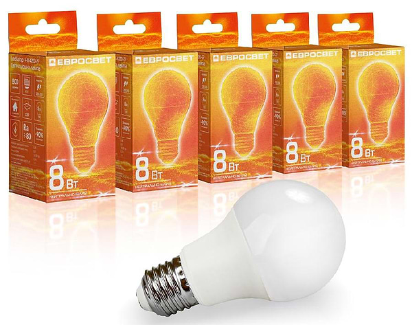 Фото - Лампочка светодиодная Євросвітло 8Вт 4200К A-8-4200-27 Е27 5 шт. (000058709)
