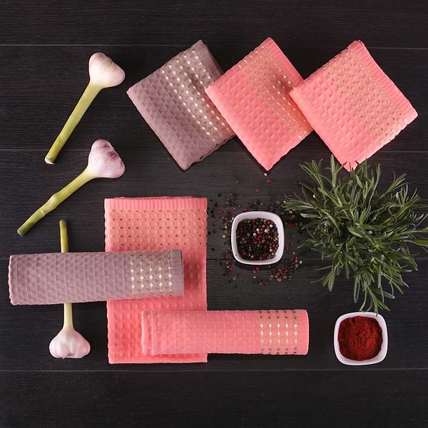 Фото - Рушник кухонний Aisha вафельний золотий борт Кораловий 40х60