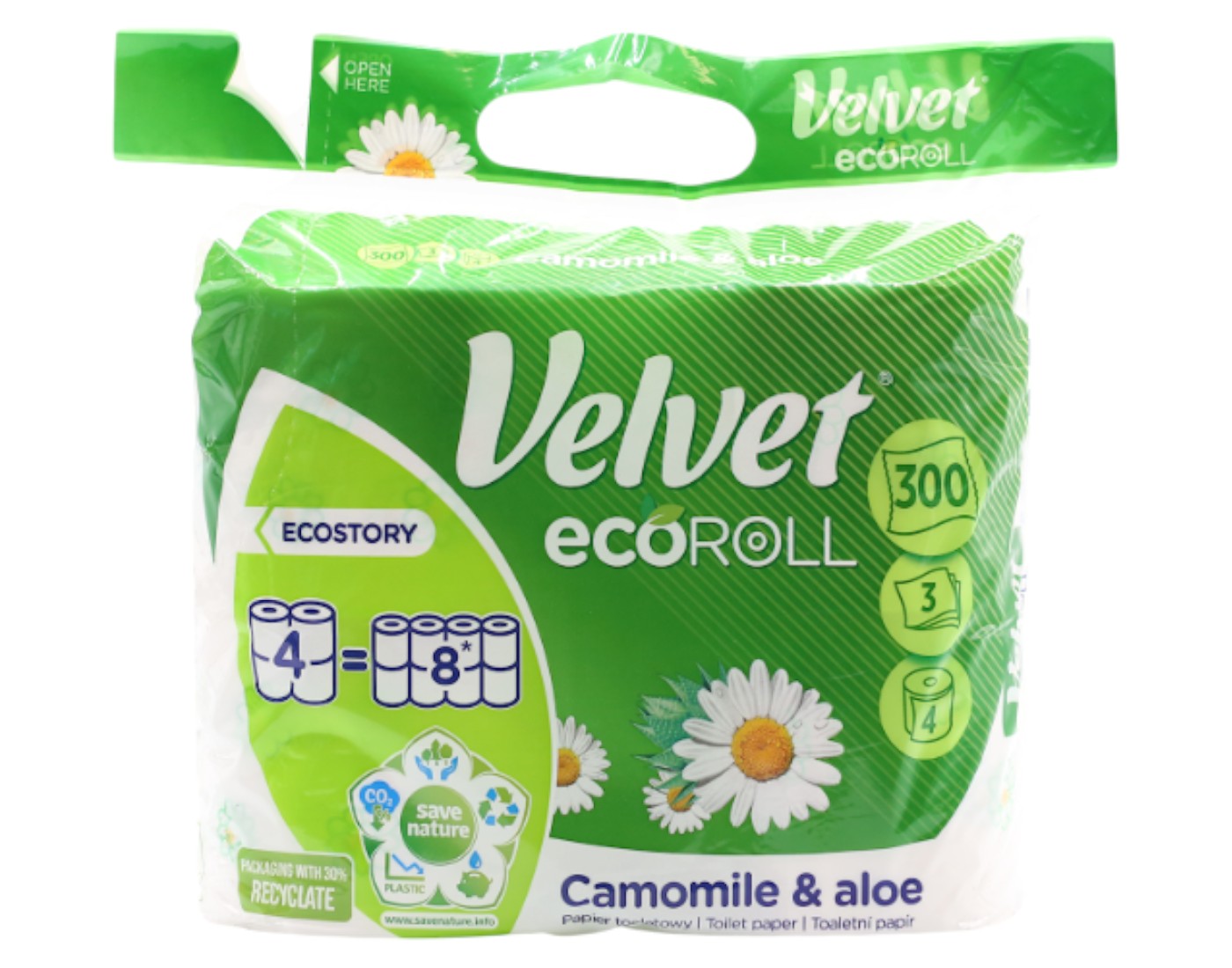 Туалетная бумага Velvet Camomile&Aloe Eco Roll 4=8 рул. 3 слоя (VTPCAER43n)