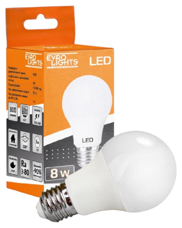 Лампочка світлодіодна EVROLIGHT 8Вт 4200К A-8-4200-27 Е27 (000058114)