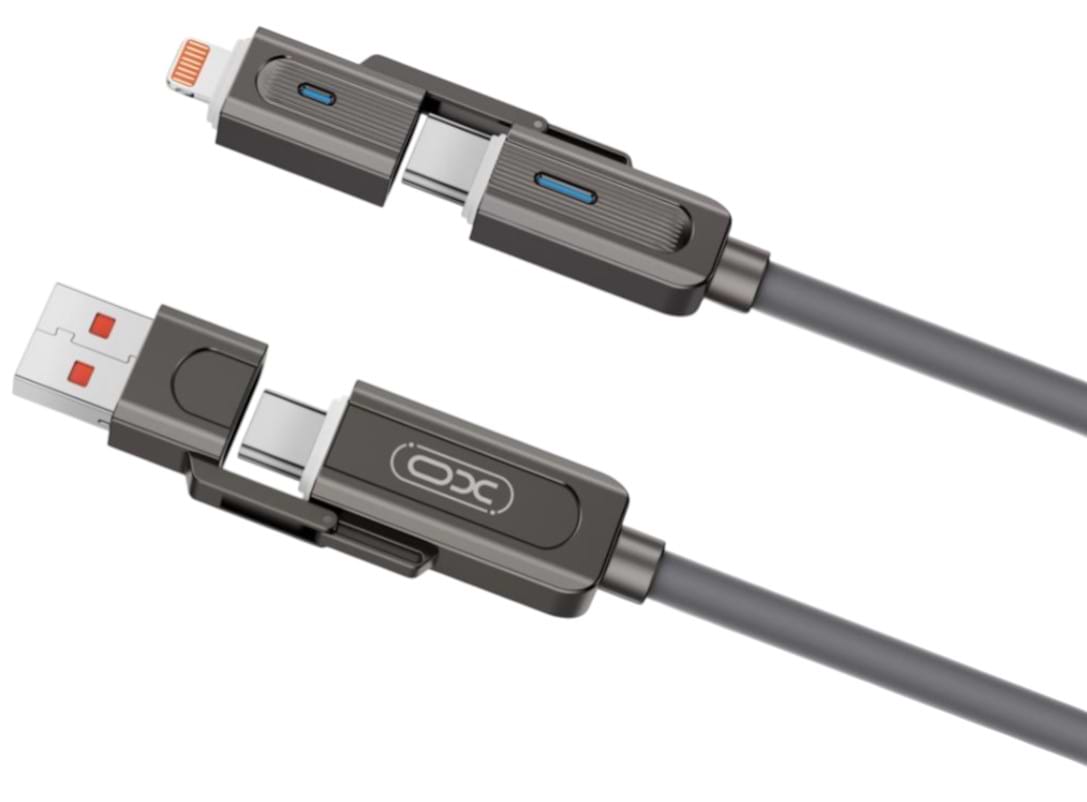 Кабель синхронізації даних XO Zinc Alloy Silicone Type-C/USB-A to TYPE-C/Lightning 4-in-1 60W 1m (NB275_4-in-1_Gray)