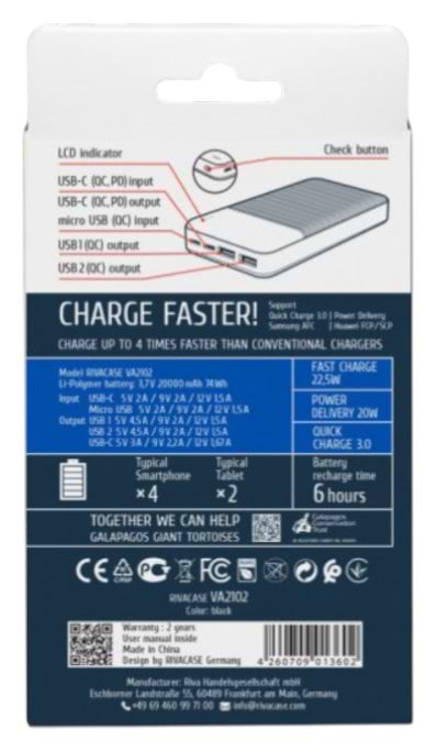 Фото - Батарея мобильная RIVACASE 20000 mA QC/PD 22.5W VA2102 (Black)