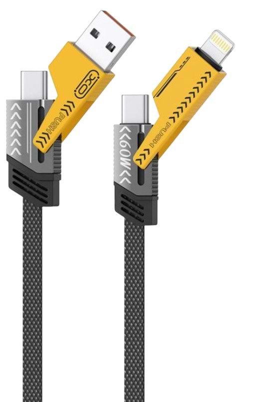 Фото - Кабель синхронізації даних XO Braided Flat Type-C/USB-A to TYPE-C/Lightning 4-in-1 60W 1m (NB283_4-in-1_Black)