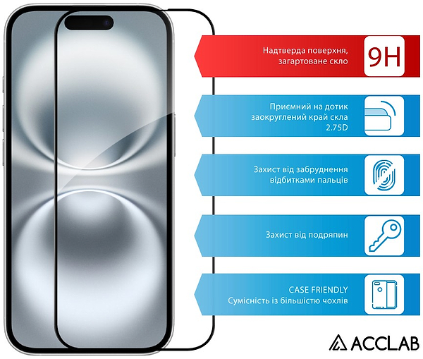 Фото - Защитное стекло для смартфона ACCLAB 9H for Apple iPhone 17 / 16 Pro Black (1283126625909)