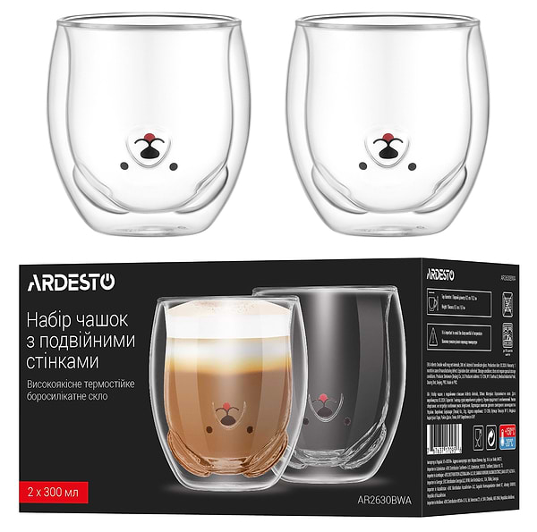 Фото - Набір чашок з подвійними стінками Ardesto Animals 300 мл 2 шт. (AR2630BWA)