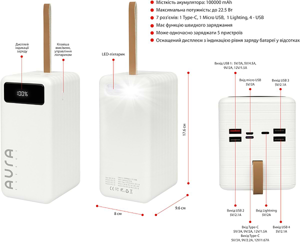 Фото - Батарея мобильная Aura NRG-P100 100000 mAh 22.5W White (PBANRG-P100W)