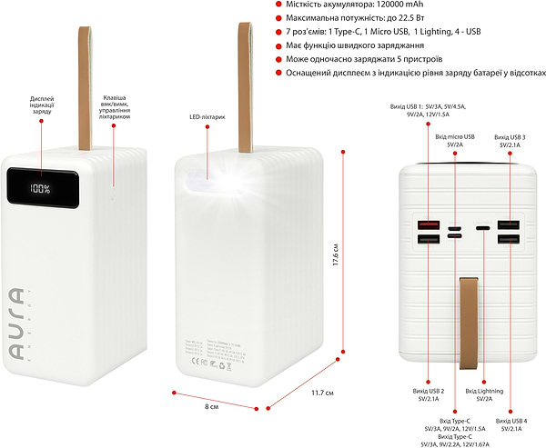 Фото - Батарея мобильная Aura NRG-P120 120000 mAh 22.5W White (PBANRG-P120W)