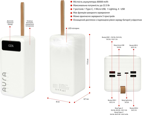 Фото - Батарея мобільна Aura NRG-P80 80000 mAh 22.5W White (PBANRG-P80W)