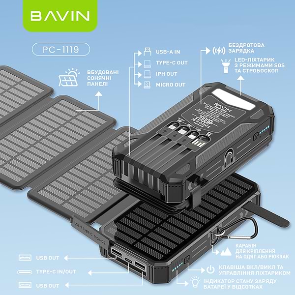 Фото - Батарея мобильная Bavin PC1119 20000mAh Wireless and Solar Black (Y-PC1119 BK)