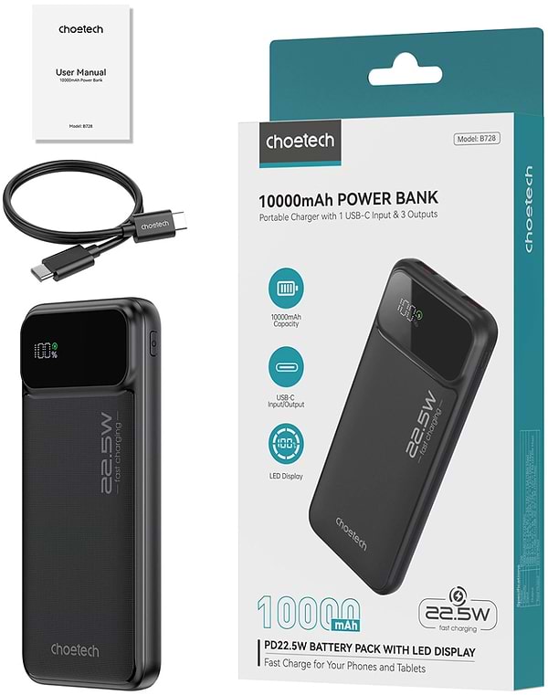 Фото - Батарея мобільна Choetech 10000mAh 22.5W PD,QC3.0 2USB-A+USB-C Black (B728-CCBK)