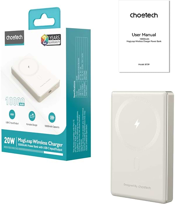 Фото - Батарея мобільна Choetech Magnetic Wireless 10000mAh 20W Beige (B739-CCCWH)