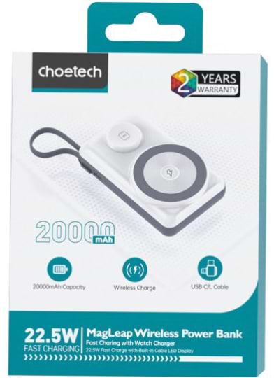 Фото - Батарея мобильная Choetech Magnetic Wireless 20000mAh 22.5W,USB-A,2xUSB-C PD,QC3.0,Apple Watch charger White (B696-GW)