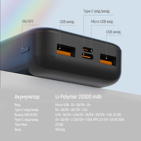 Фото - Батарея мобільна Colorway 20000 Ah Portable Charger USB QC3.0 + USB-C PD22.5W Black (CW-PB200LPB4BK-PD)