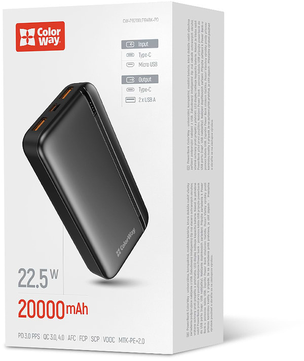 Фото - Батарея мобільна Colorway 20000 Ah Portable Charger USB QC3.0 + USB-C PD22.5W Black (CW-PB200LPB4BK-PD)