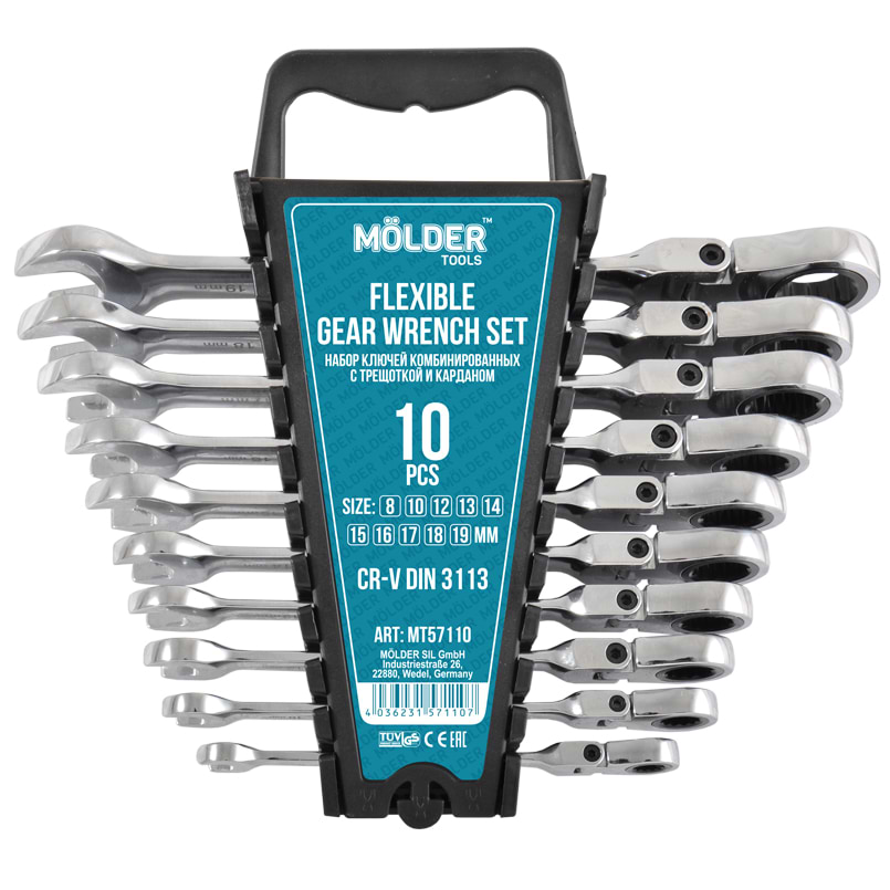 Набор комбинированных ключей Molder с трещоткой и карданом CR-V 10 шт. (MT57110)