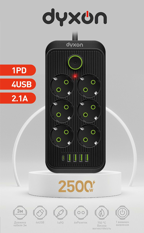 Фото - Сетевой фильтр Dyxon 6+5 USB-A + USB-C (PD) Power switch 3m Black (DXN-3M-MFP-65PD-B)