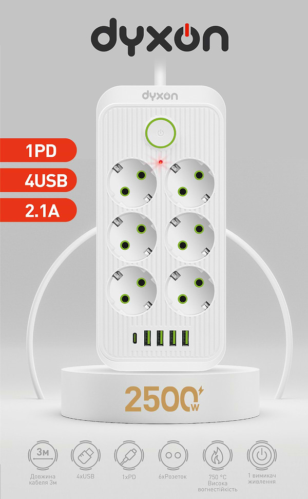 Фото - Сетевой фильтр Dyxon 6+5 USB-A + USB-C (PD) Power switch 3m White (DXN-3M-MFP-65PD-W)