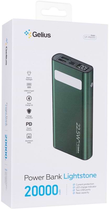 Фото - Батарея мобільна Gelius Lightstone GP-PB300i 20000mAh QC+PD 22.5W Green (99033)