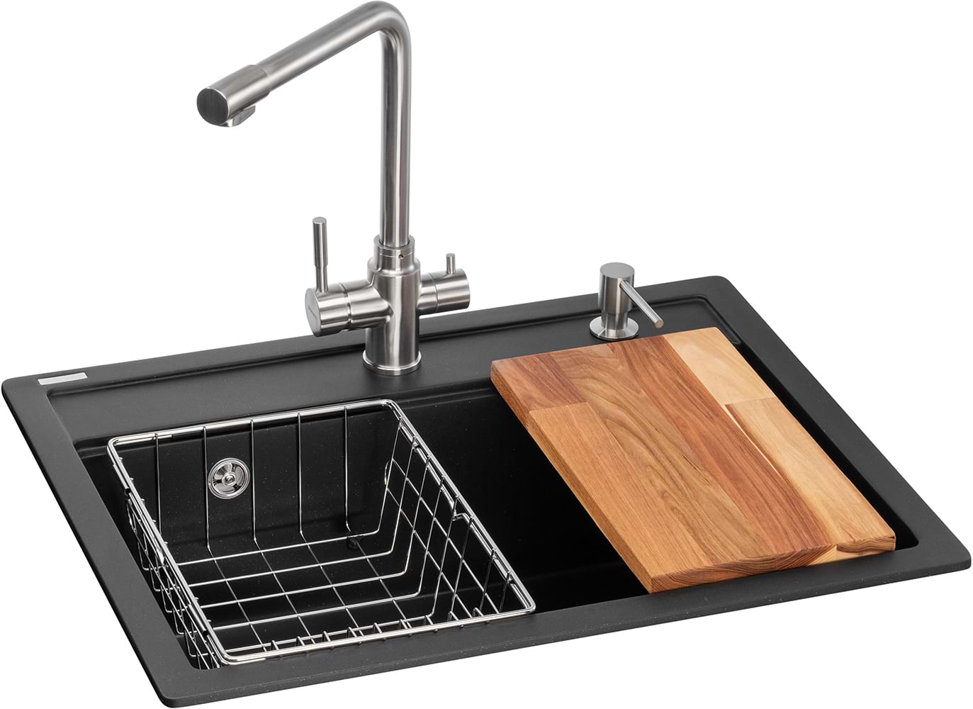 Мийка кухонна+змішувач+дозатор GRANADO Optimal Artes black shine (+Badalona LUX inox+ Redondo inox+кошик+дошка) - Фото 1