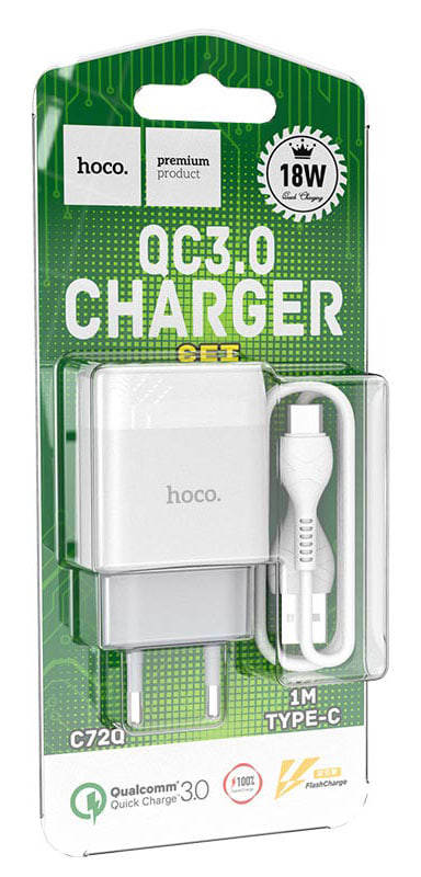 Фото - Сетевое зарядное устройство HOCO C72Q QC3.0 charger set(Type-C) 18W White (6931474732552)