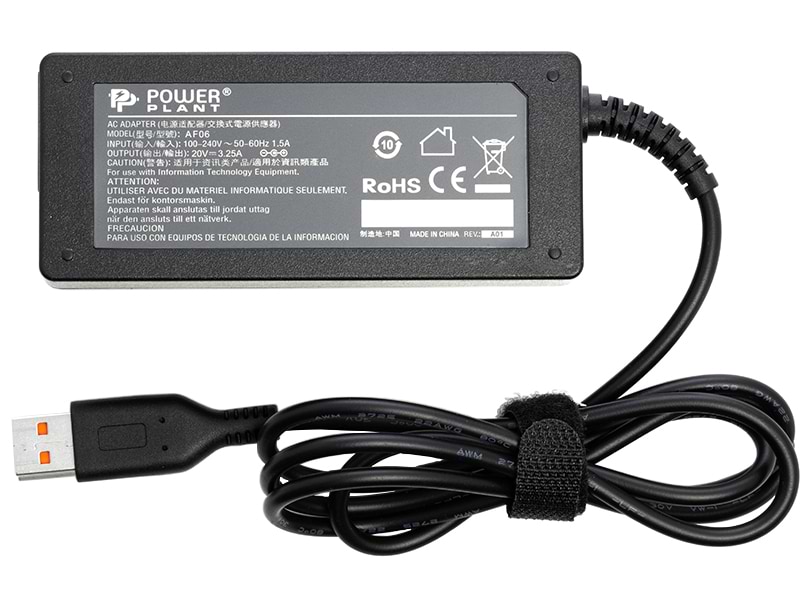 Зарядное устройство для ноутбука PowerPlant IBM/Lenovo 220V 20V 65W 3.25A (YOGA3) (IB65HYOGA) - Фото 1