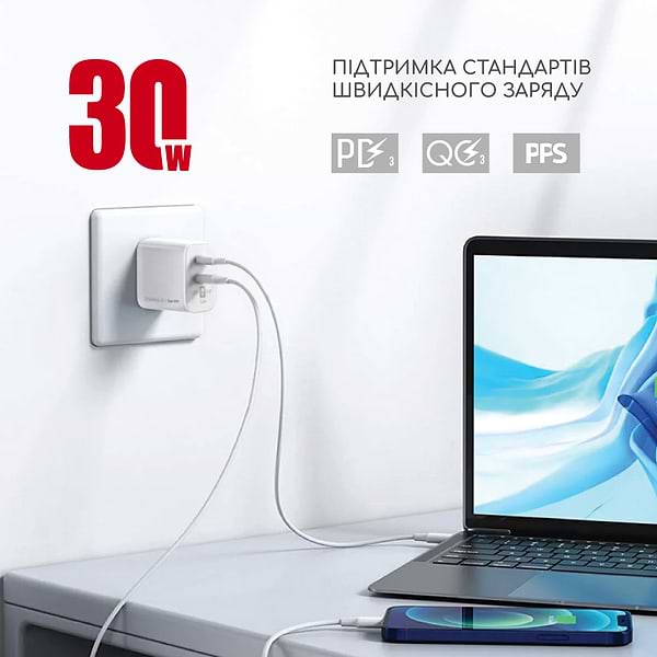 Фото - Уцінка - Мережевий зарядний пристрій Intaleo 30W GAN USB-C PD+USB-A QC 3.0 TCG30GAN (1283126578274)
