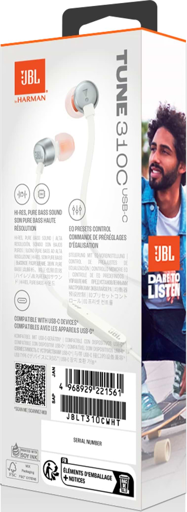 Фото - Навушники вкладиші дротові JBL Tune 310C USB-C White (JBLT310CWHT)
