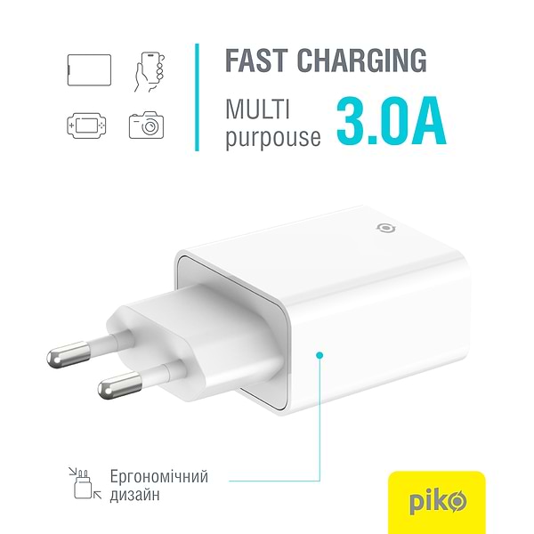 Фото - Сетевое зарядное устройство Piko 25W GaN USB-C PD+USB-A QC 3.0 White (TC-PD252) (1283126623592)