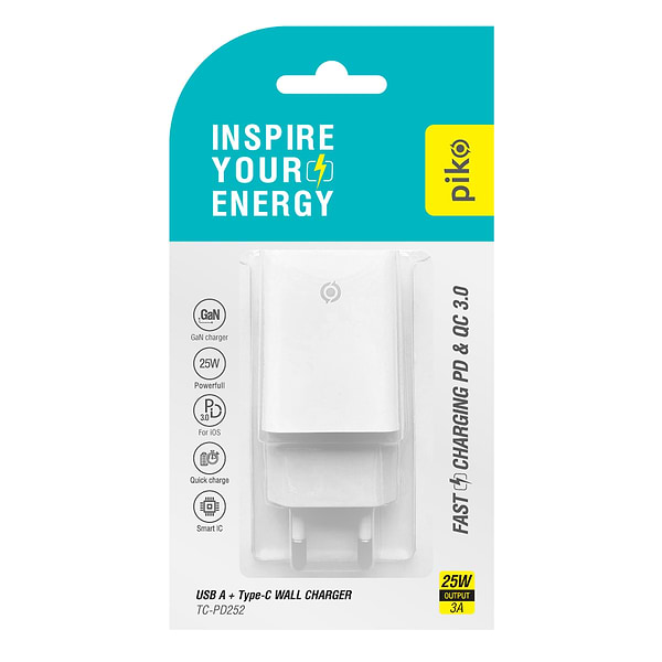 Фото - Сетевое зарядное устройство Piko 25W GaN USB-C PD+USB-A QC 3.0 White (TC-PD252) (1283126623592)