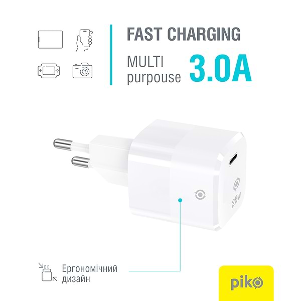 Фото - Мережевий зарядний пристрій Piko 25W GaN USB-C PD White (TC-PD251) (1283126623585)