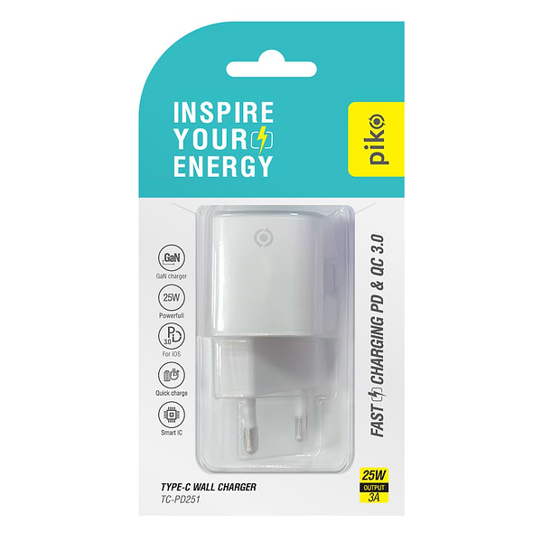 Фото - Мережевий зарядний пристрій Piko 25W GaN USB-C PD White (TC-PD251) (1283126623585)