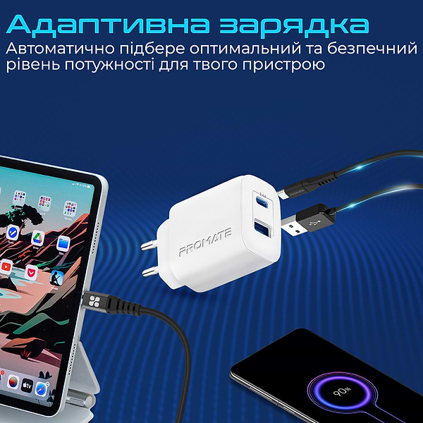 Фото - Мережевий зарядний пристрій Promate Biplug-2 White