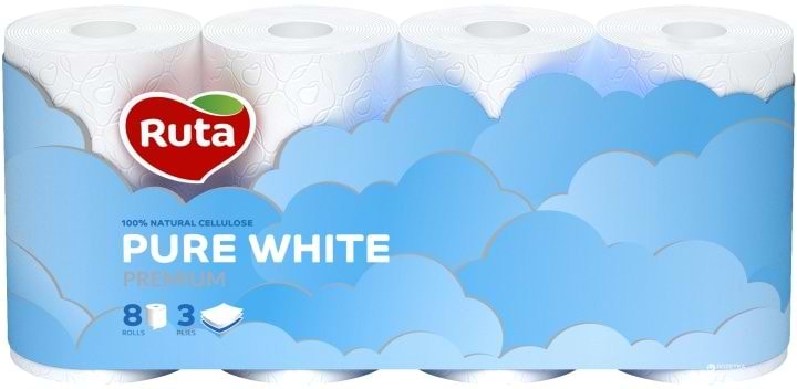 Туалетний папір Рута Pure White біла 8шт, 3СЛ - Фото 1