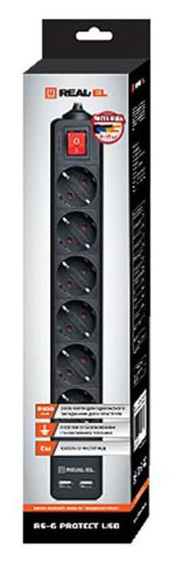 Фото - Мережевий фільтр REAL-EL RS-6 Protect USB 5m Black