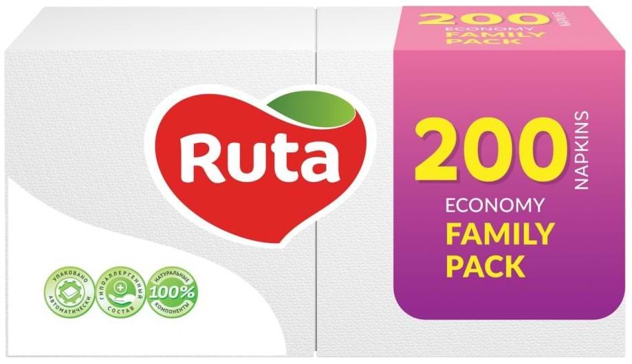 Салфетки бумажные Ruta 1 слой 24х24 см 200 шт. Белые Family Pack (4820023743724) - Фото 1