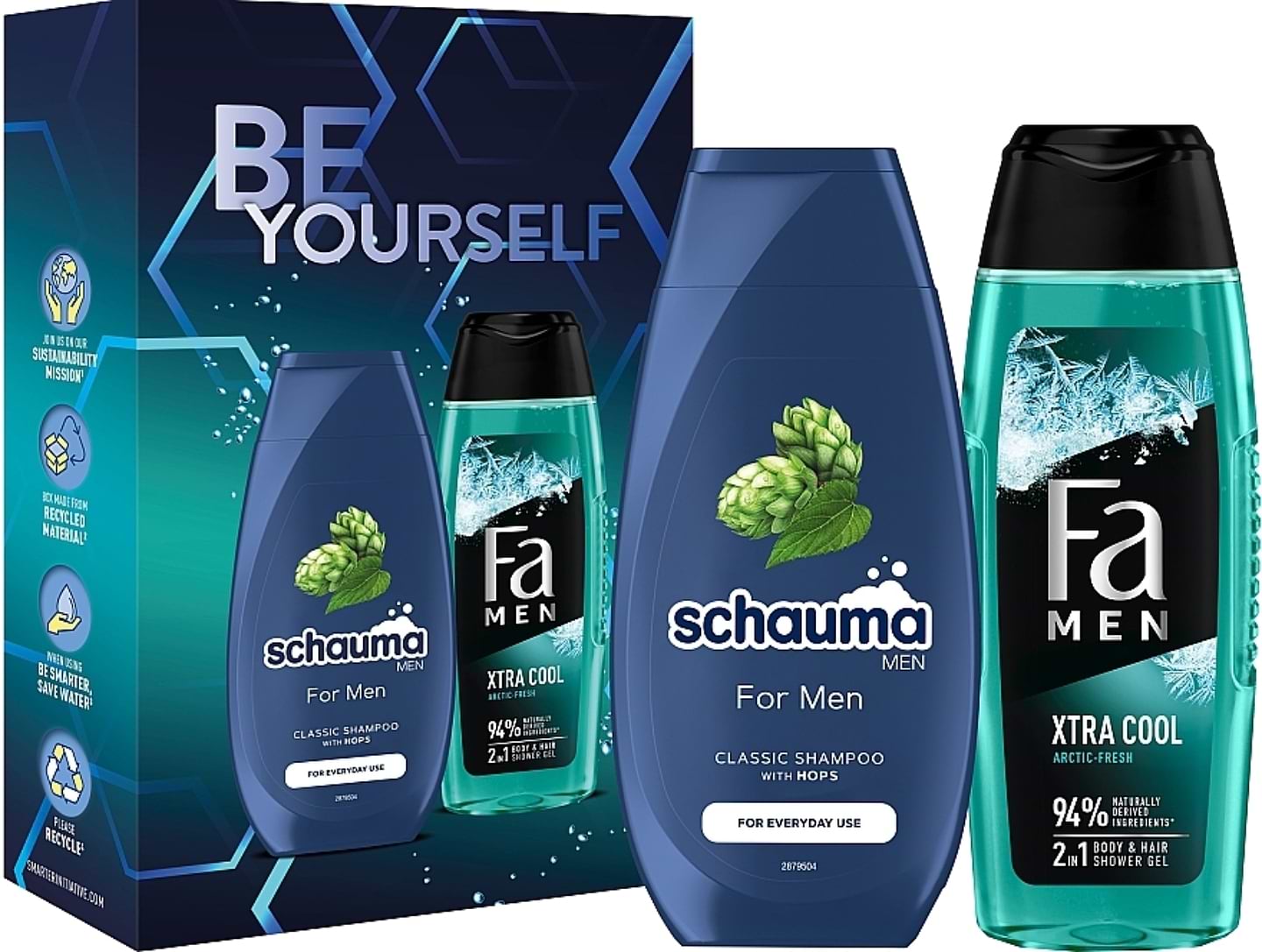 Подарунковий набір для догляду за волоссям Schauma Be Yourself Шампунь Schauma 250 мл + Гель для душу Fa Men Xtra Cool 250 мл - Фото 1
