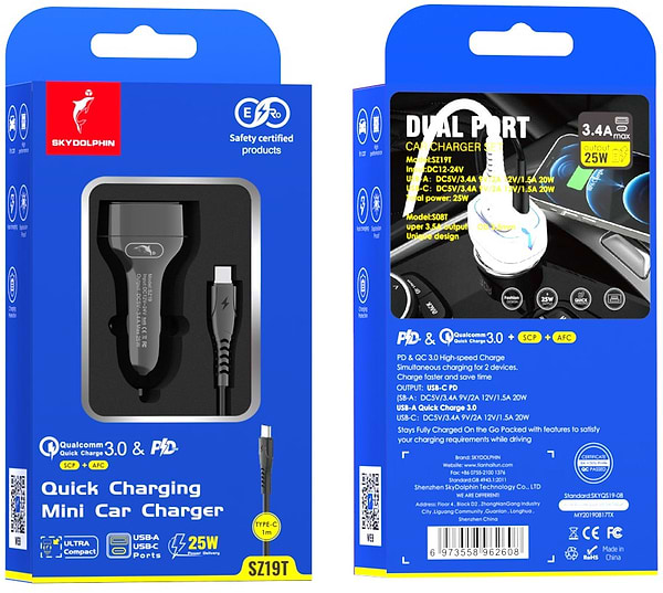 Фото - Автомобильное зарядное устройство SkyDolphin SZ19T PD 20W+QC3.0 20W Black (SDAZP-000104)+кабель Type-C