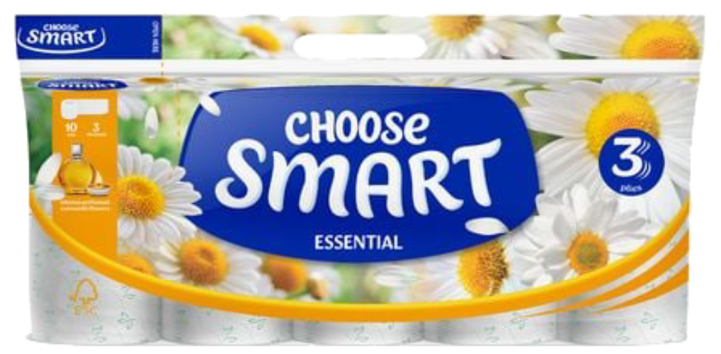 Туалетная бумага Smart ESENTIAL Ромашка 3 слоя, 10 рул. по 14,4м