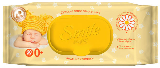 Фото - Салфетки влажные для детей Smile Baby с экстрактом ромашки и алоэ с клапаном 60 шт.
