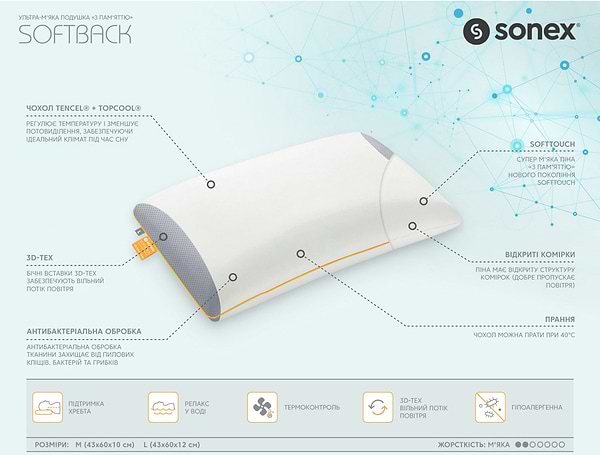 Фото - Подушка ортопедическая Sonex ультра-мягкая с памятью Softback L, 43х60х12 см (SO102167)