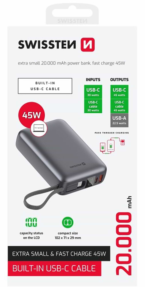 Фото - Батарея мобільна Swissten 20000 mAh 45 Вт з кабелем Type-C Silver (8595217490833)