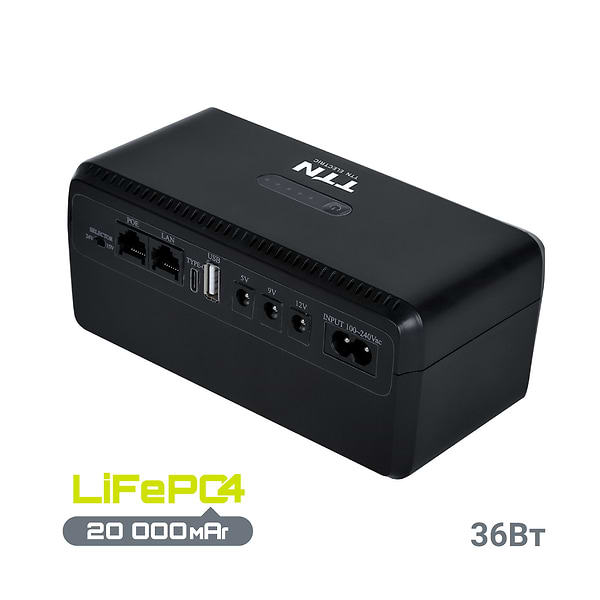 Фото - Источник бесперебойного питания TTN DCL-36W 20000mAh LiFePo4 Type-C + PoE Black (1283126598449)