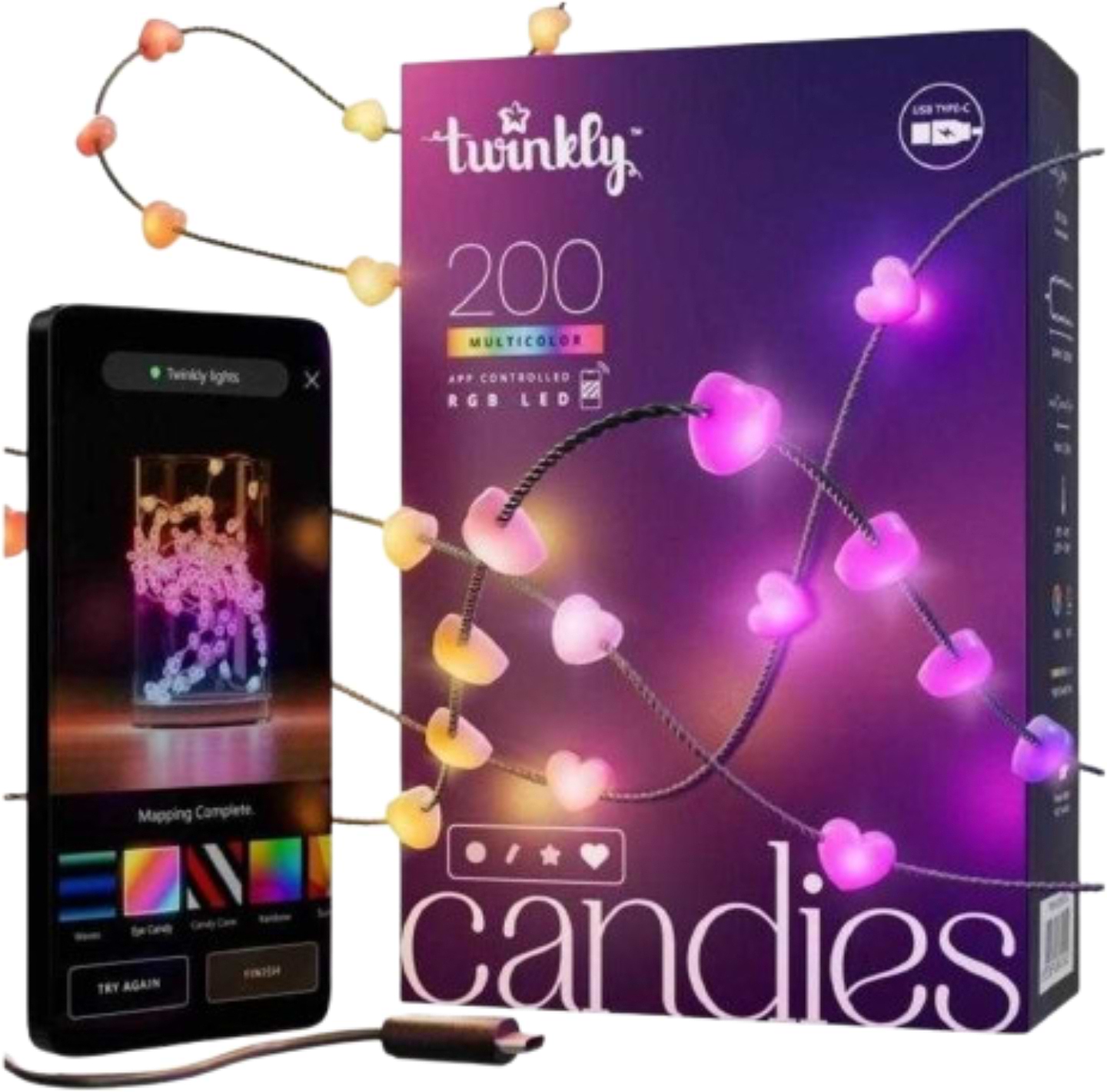 Гирлянда фигурная Twinkly Candies Heart RGB 200 IP20 12м USB-C (TWKH200RGB-G)