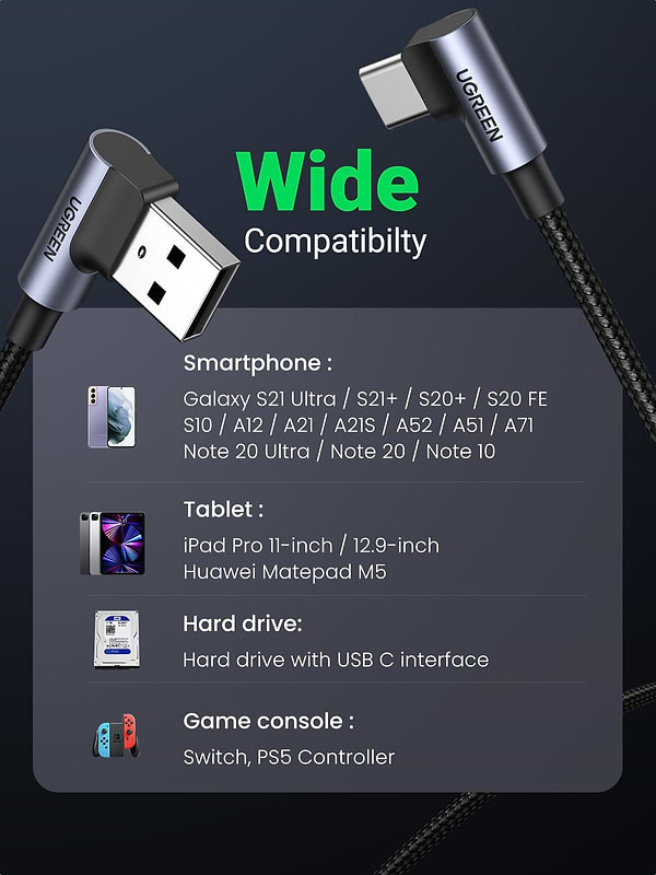 Фото - Кабель синхронизации данных UGREEN US176 Angled USB 2.0 to Angled USB Type-C 2m Black (20857)