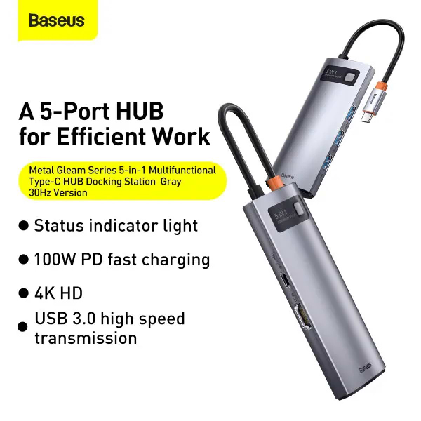 Фото - Хаб USB Baseus Metal Gleam Series 5-in-1 Multifunctional Type-C HUB Docking Station Gray (WKWG020013)