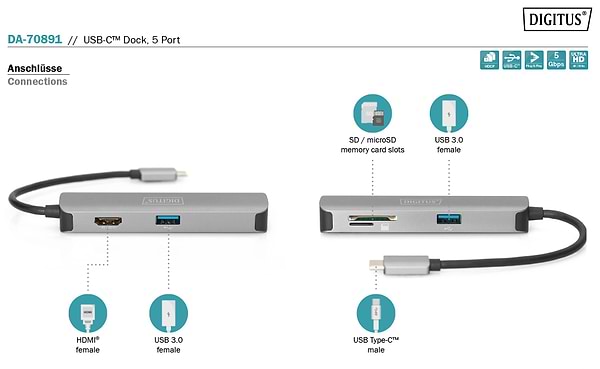 Фото - Хаб USB Digitus USB-C > HDMI/2xUSB-A/SD/MicroSD (DA-70891)